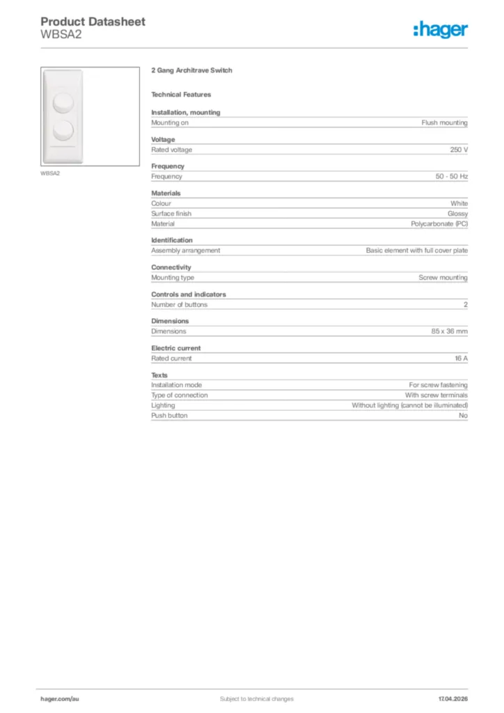 Image Hager Product data sheet WBSA2  | Hager Australia