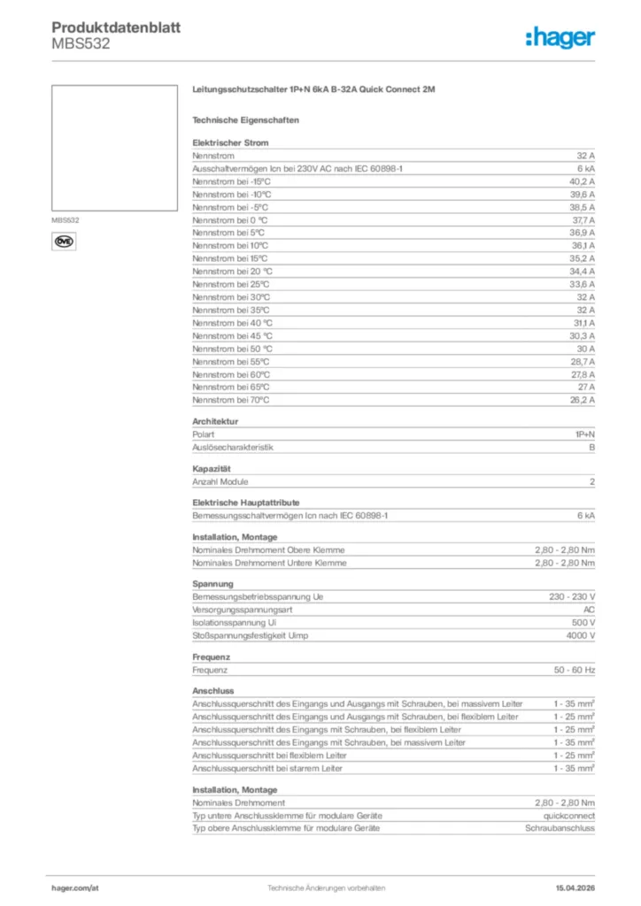 Bild Hager Produktdatenblatt MBS532 | Hager Deutschland