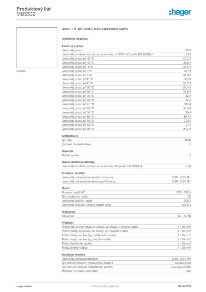 Obrázek Hager Product data sheet MBS532 | Hager