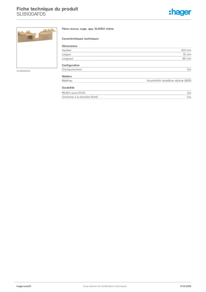 Image Hager Fiche technique du produit SL15100AFD5 | Hager France