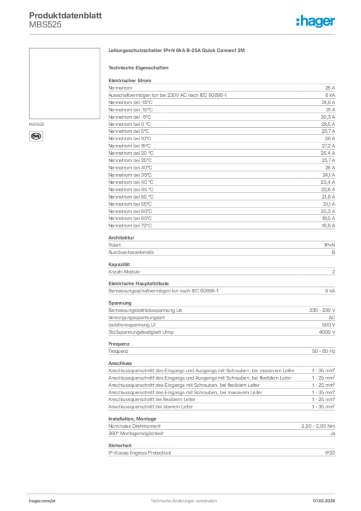 Bild Hager Produktdatenblatt MBS525 | Hager Deutschland