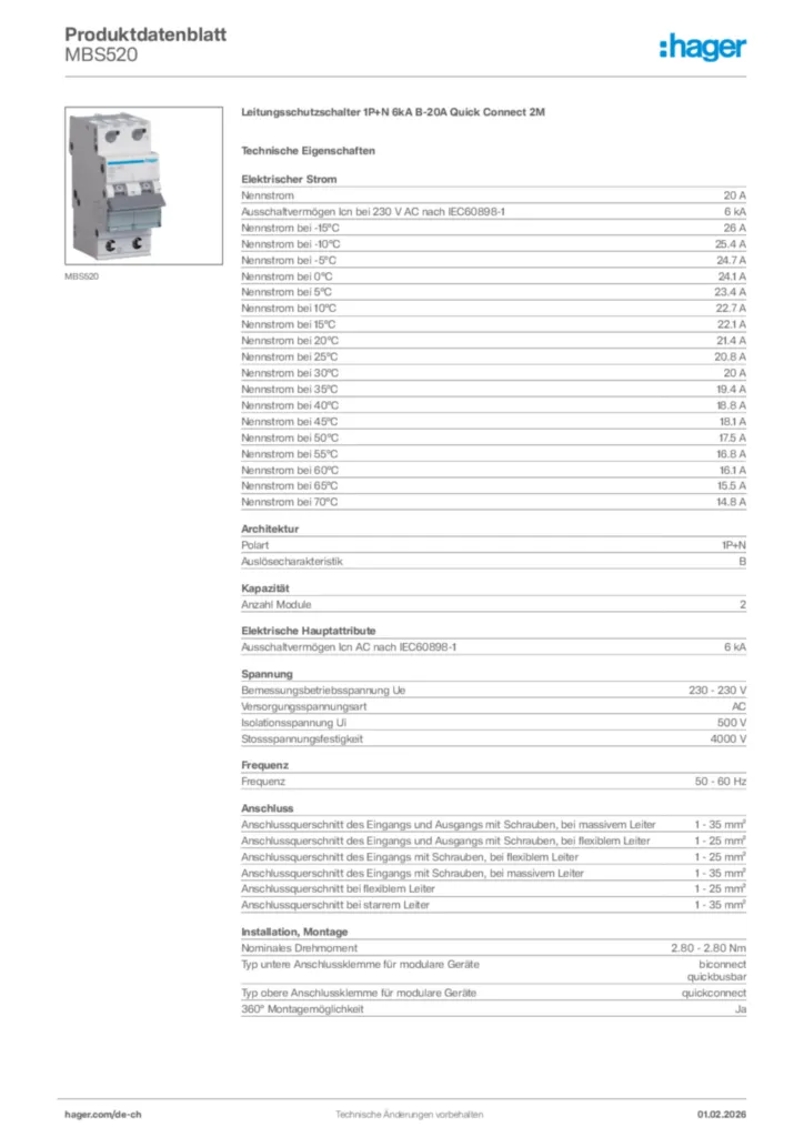 Bild Hager Produktdatenblatt MBS520 | Hager Schweiz