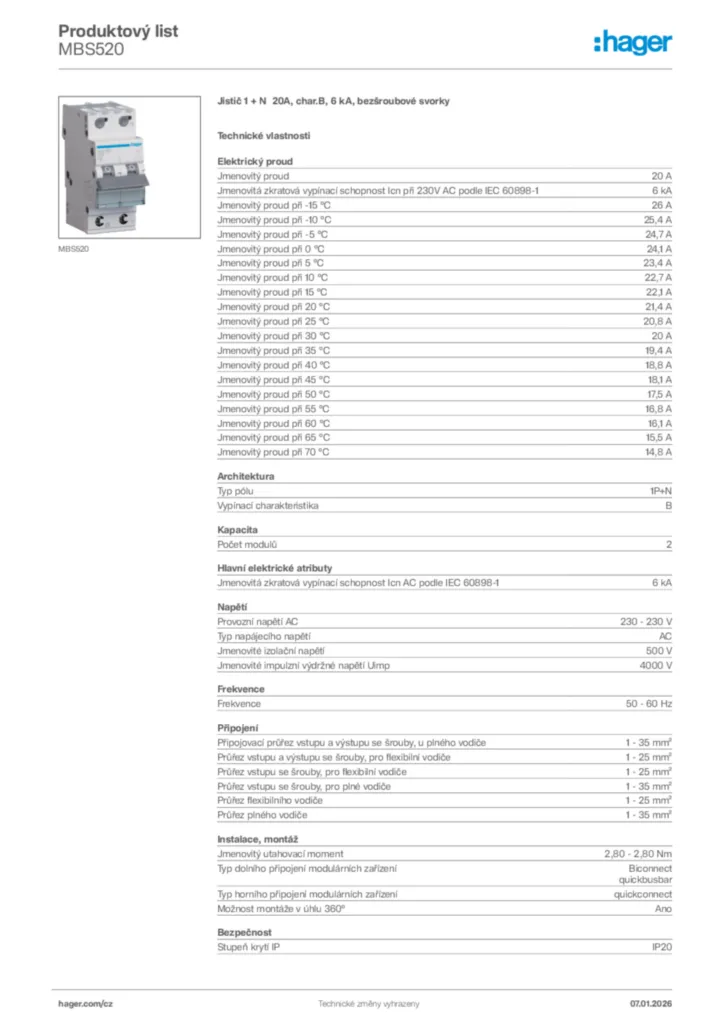 Obrázek Hager Product data sheet MBS520 | Hager