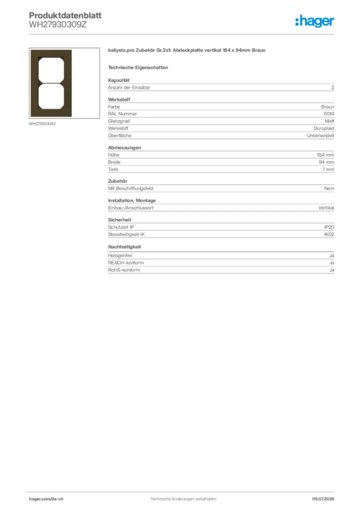 Bild Hager Produktdatenblatt WH27930309Z | Hager Schweiz