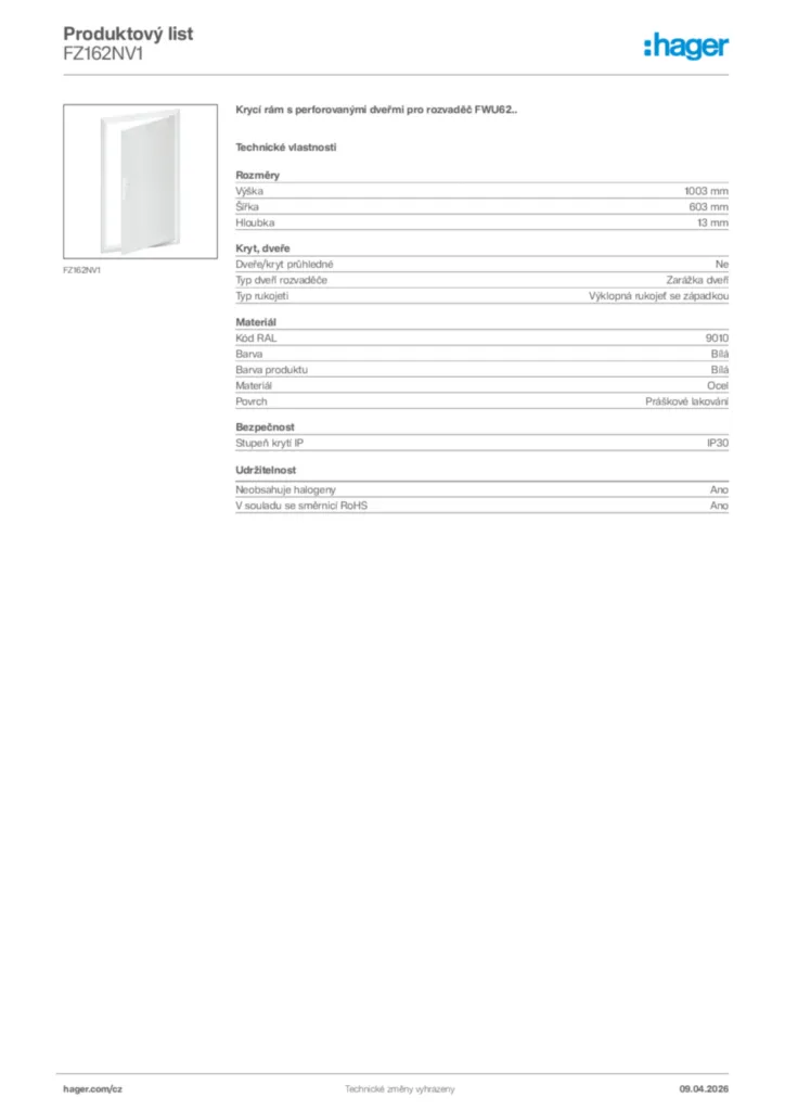 Obrázek Hager Product data sheet FZ162NV1 | Hager