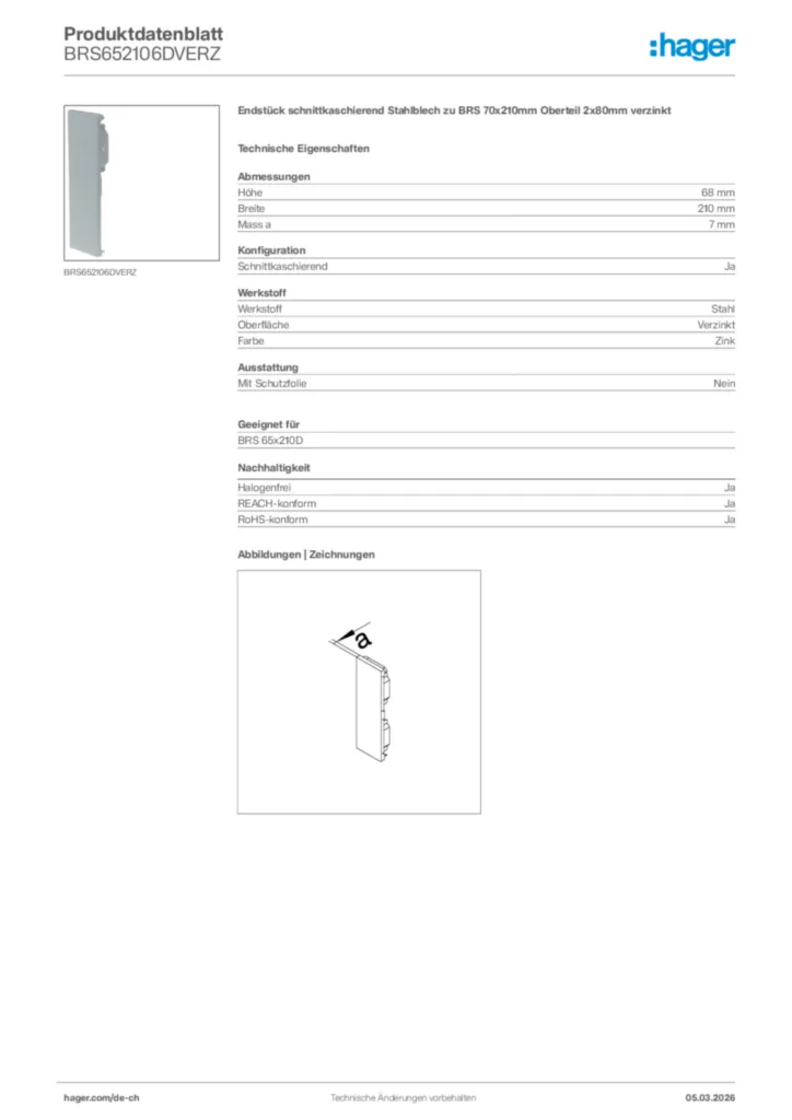 Bild Hager Produktdatenblatt BRS652106DVERZ | Hager Schweiz