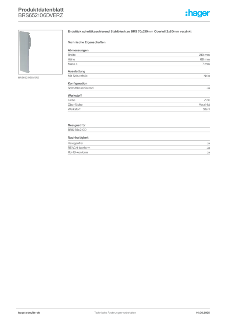 Bild Hager Produktdatenblatt BRS652106DVERZ | Hager Schweiz