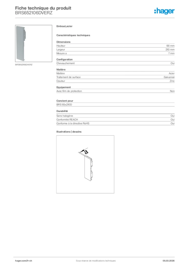 Image Hager Fiche technique du produit BRS652106DVERZ | Hager Suisse