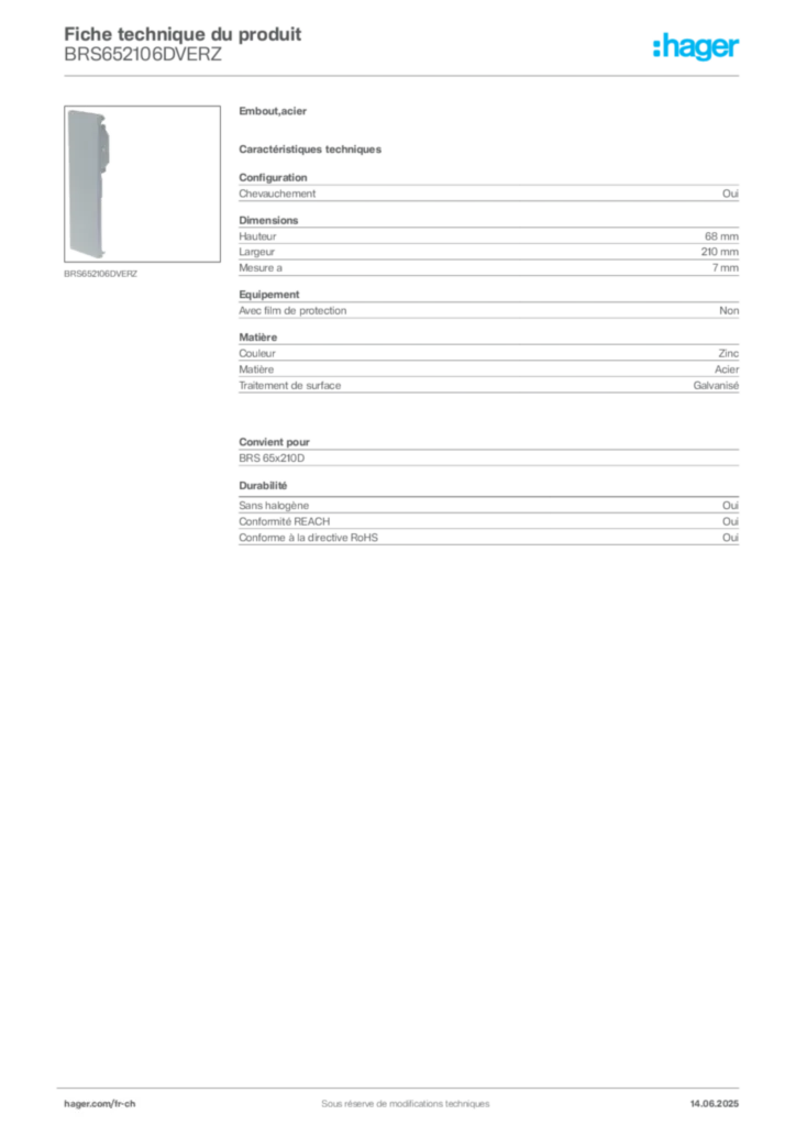 Image Hager Fiche technique du produit BRS652106DVERZ | Hager Suisse
