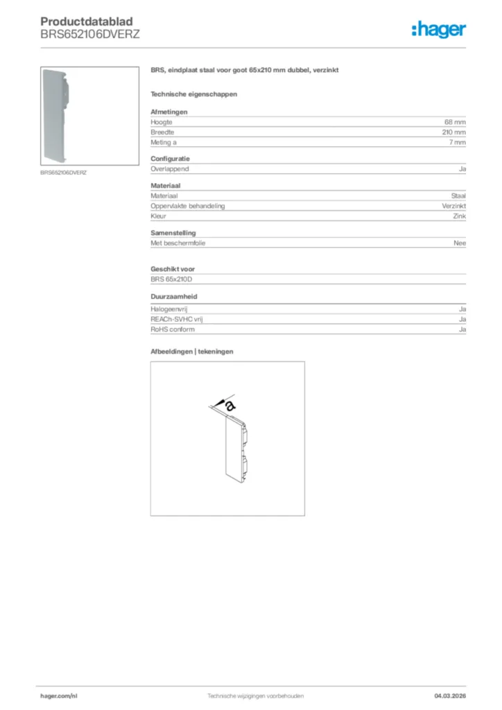 Afbeelding Hager Productdatablad BRS652106DVERZ | Hager Nederland