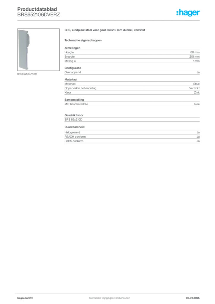 Afbeelding Hager Productdatablad BRS652106DVERZ | Hager Nederland