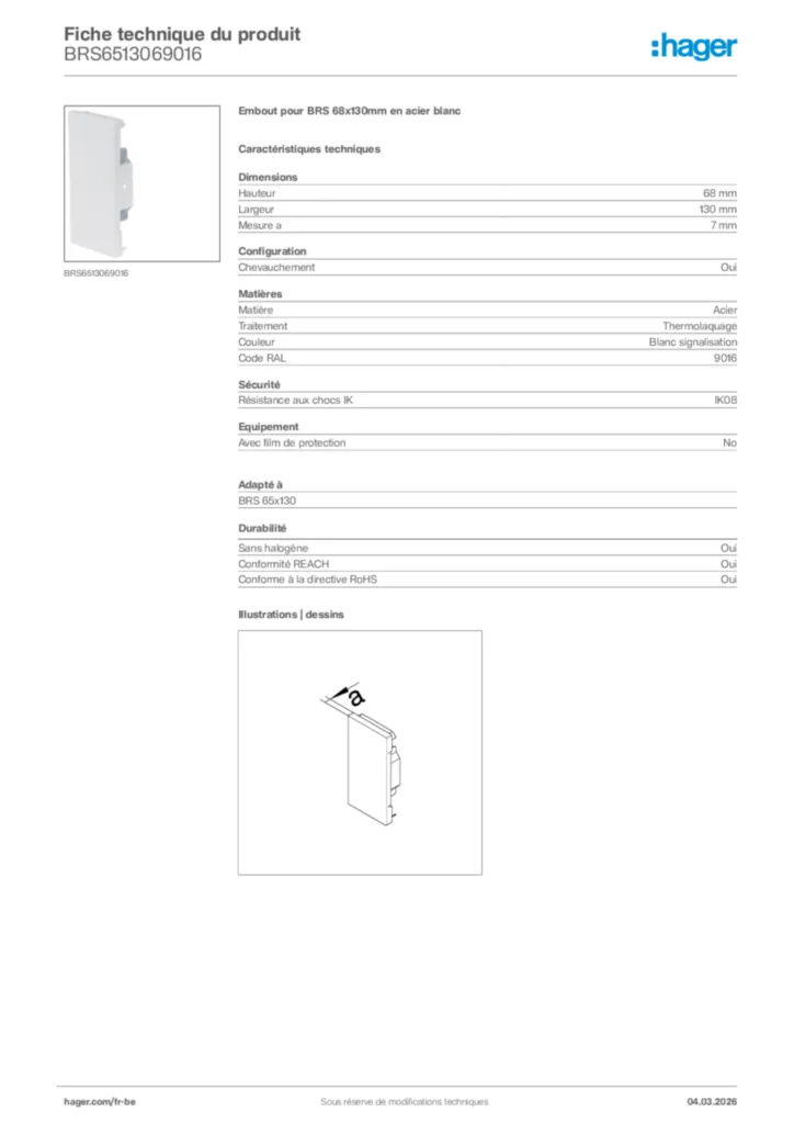 Image Hager Fiche technique du produit BRS6513069016 | Hager Belgique