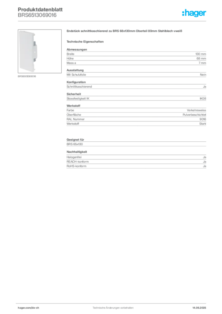 Bild Hager Produktdatenblatt BRS6513069016 | Hager Schweiz