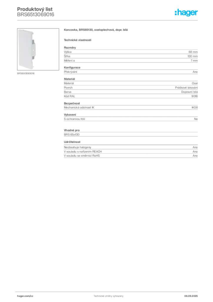 Obrázek Hager Produktový list BRS6513069016 | Hager