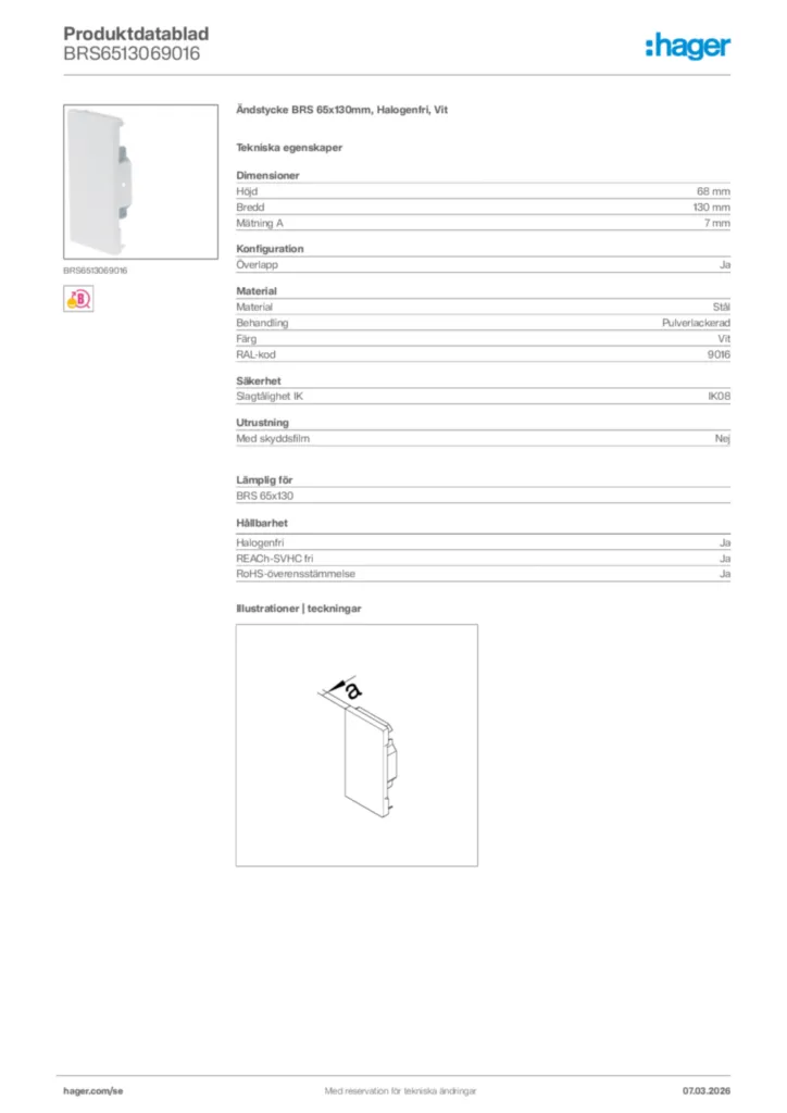 Bild Hager Produktdatablad BRS6513069016 | Hager Sverige