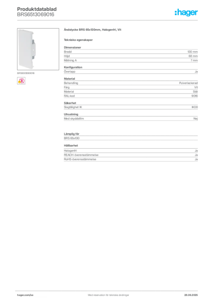 Bild Hager Produktdatablad BRS6513069016 | Hager Sverige