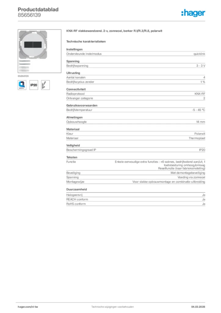Afbeelding Hager Productdatablad 85656139 | Hager Belgium