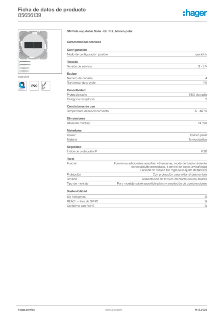 Imagen Hager Ficha de datos de producto 85656139 | Hager España