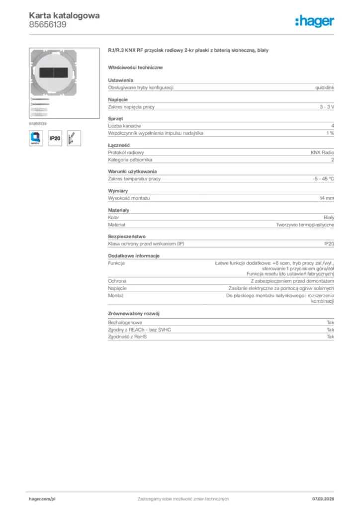 Zdjęcie Hager Karta katalogowa 85656139 | Hager Polska