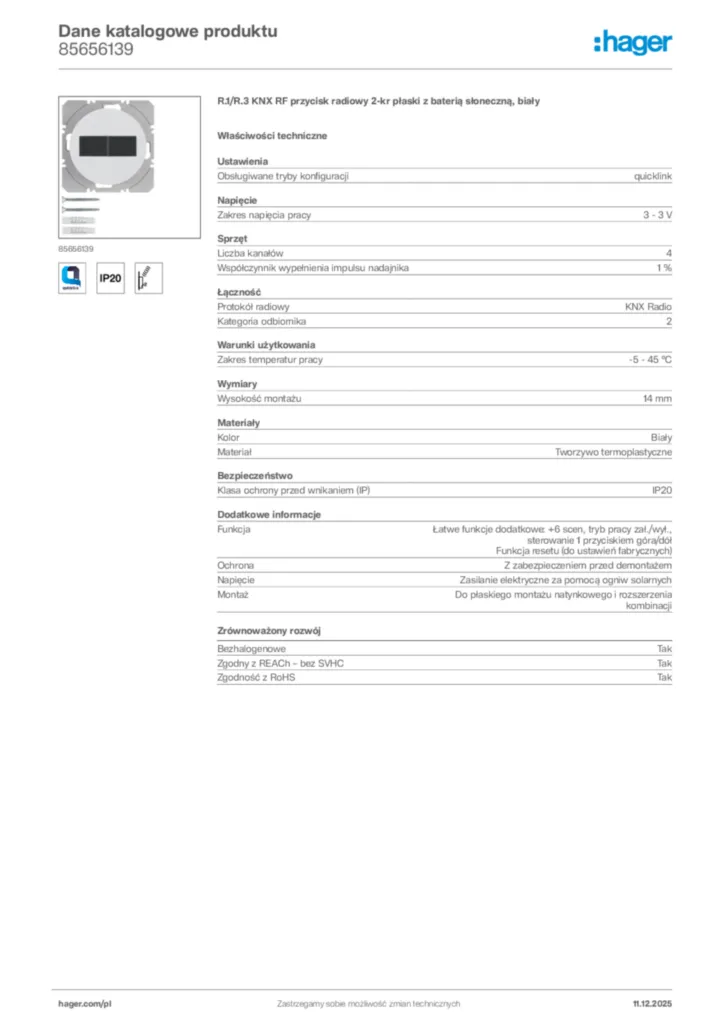 Zdjęcie Hager Dane katalogowe produktu 85656139 | Hager Polska