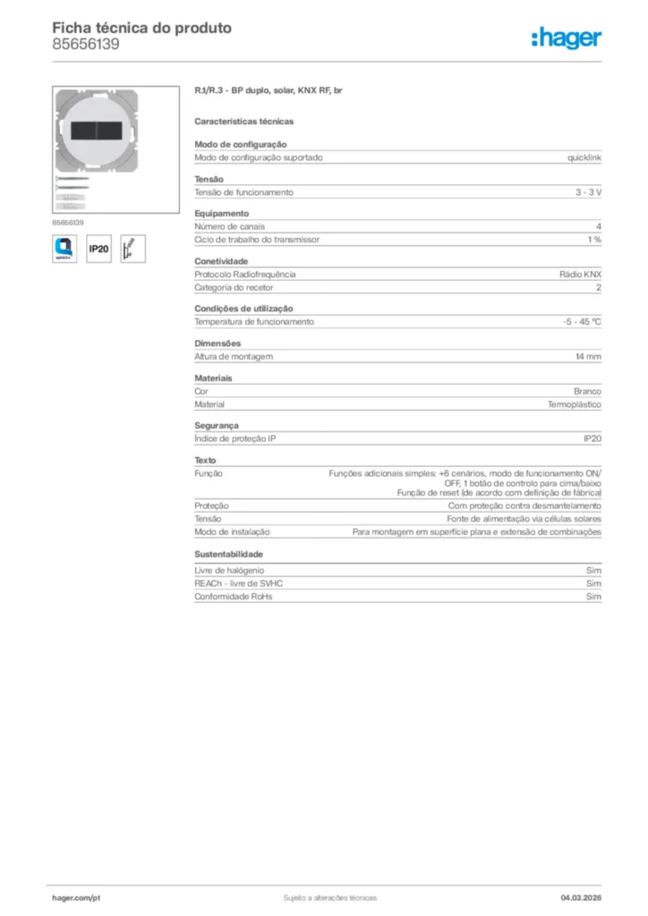 Imagem Hager Ficha técnica do produto 85656139 | Hager Portugal