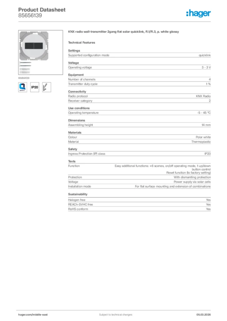 Image Hager Product data sheet 85656139  | Hager