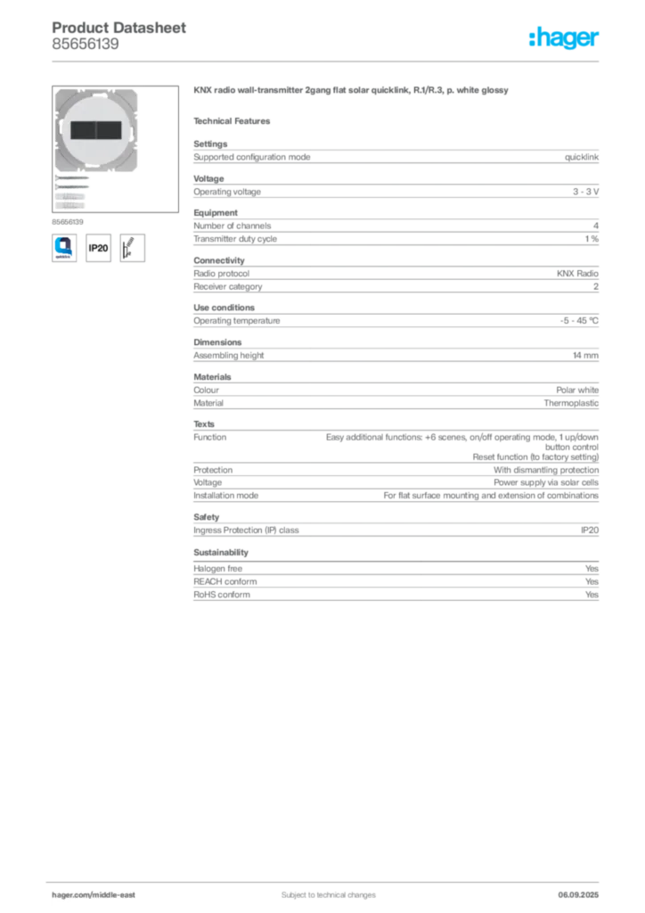 Image Hager Product data sheet 85656139  | Hager