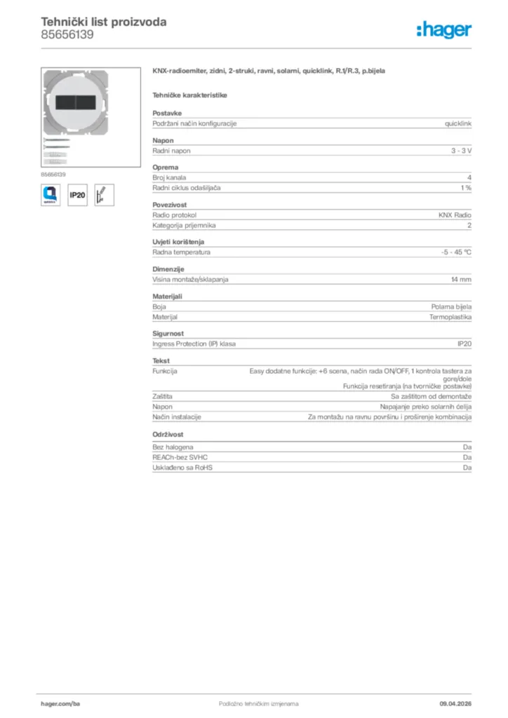 Slika Hager Tehnički list proizvoda 85656139  | Hager