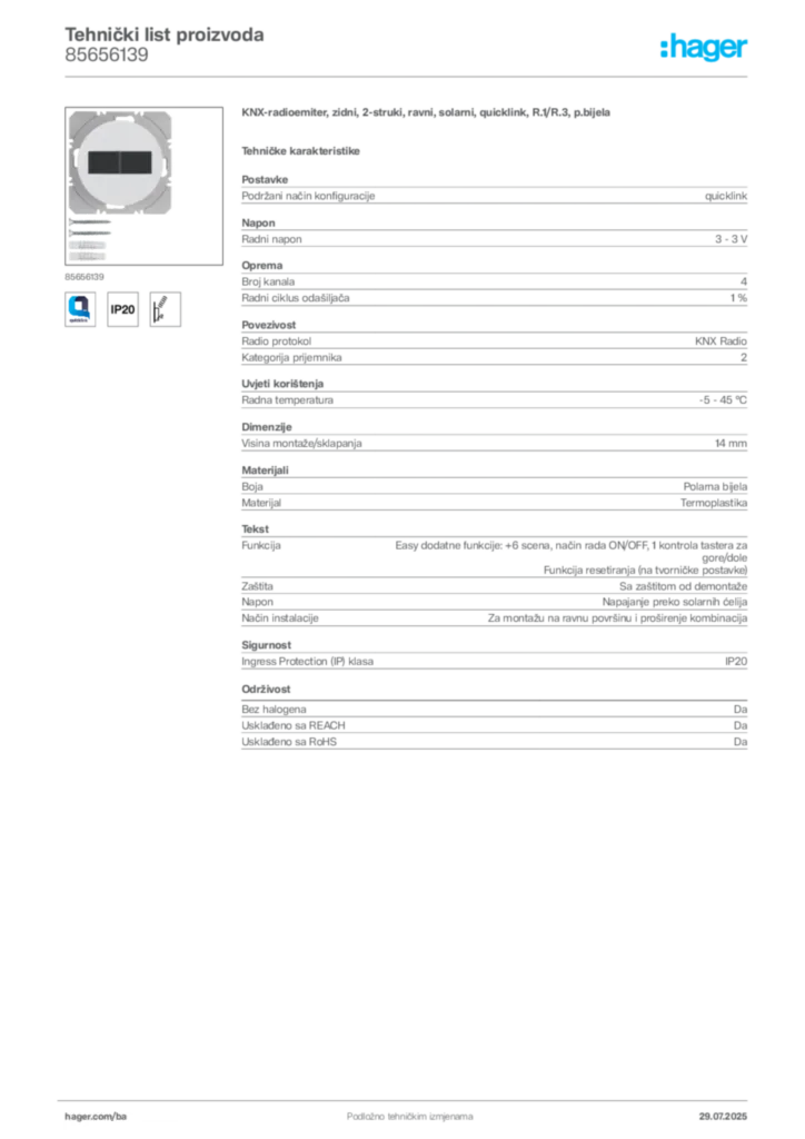 Slika Hager Product data sheet 85656139  | Hager