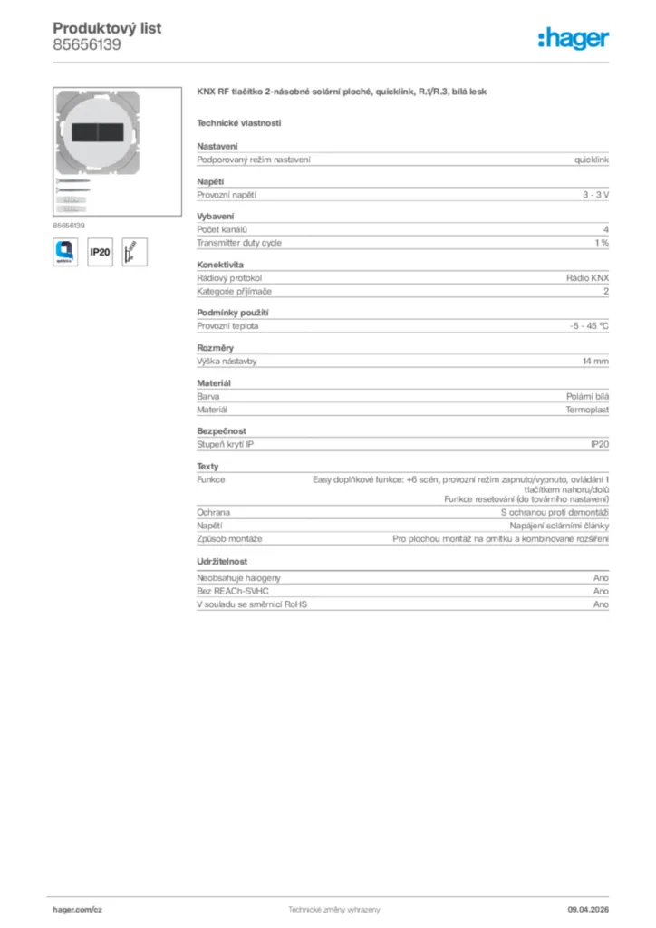 Obrázek Hager Product data sheet 85656139 | Hager