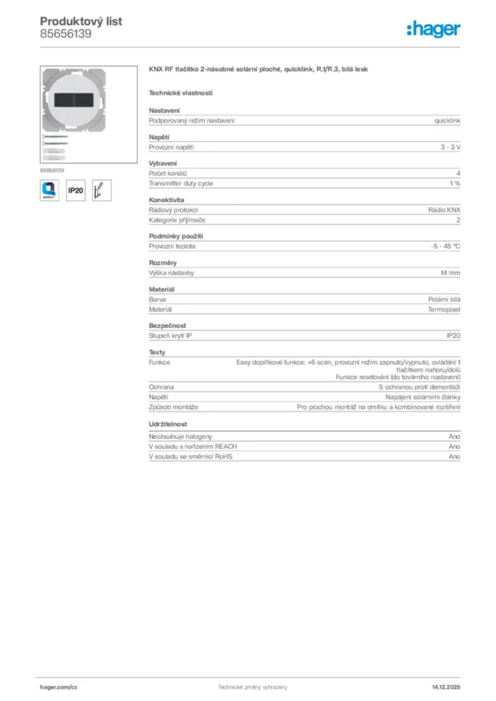 Obrázek Hager Produktový list 85656139 | Hager