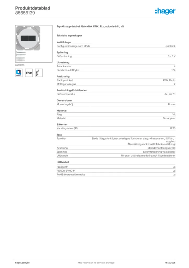 Bild Hager Produktdatablad 85656139 | Hager Sverige