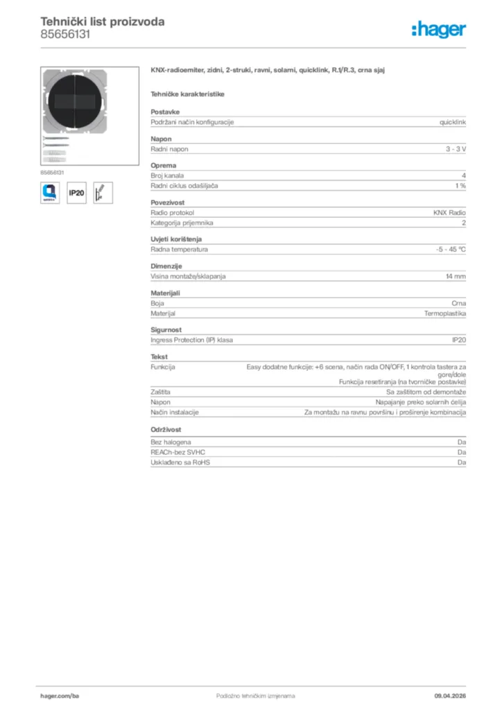 Slika Hager Tehnički list proizvoda 85656131  | Hager