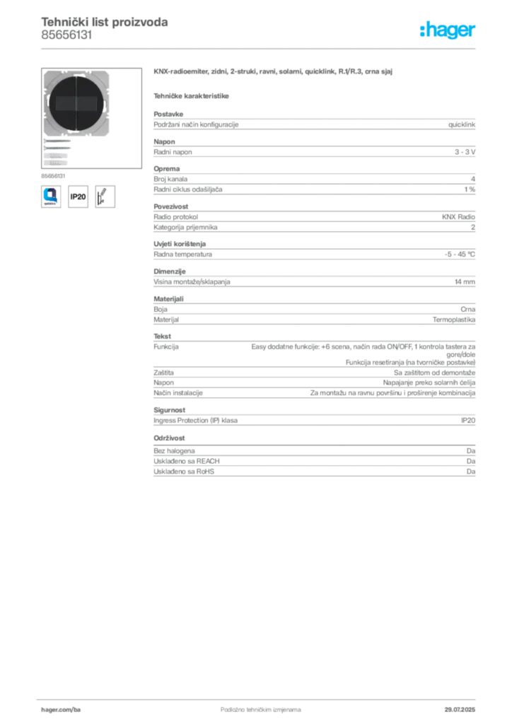 Slika Hager Product data sheet 85656131  | Hager