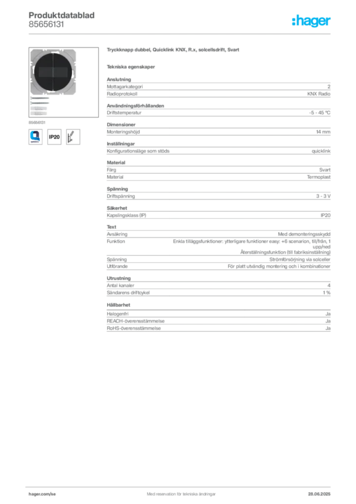 Bild Hager Produktdatablad 85656131 | Hager Sverige