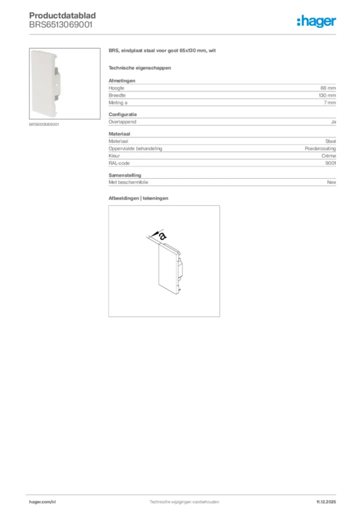 Afbeelding Hager Productdatablad BRS6513069001 | Hager Nederland