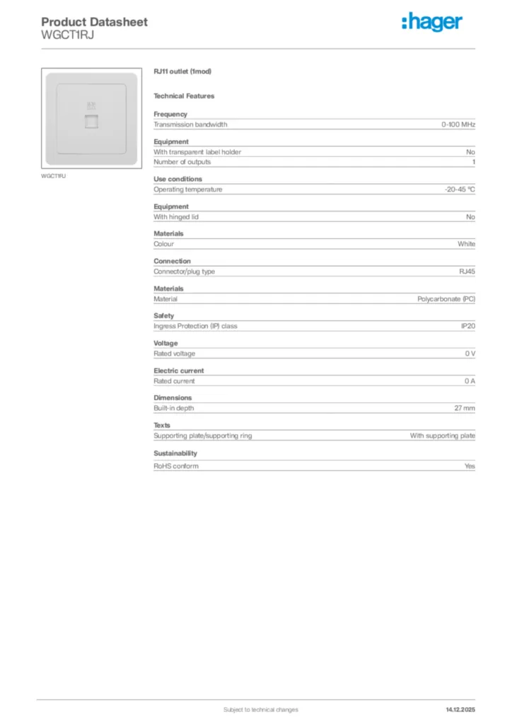 Image Hager Product data sheet WGCT1RJ  | Hager