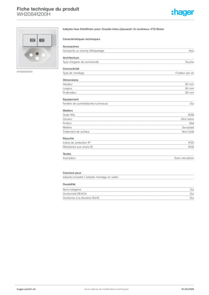 Image Hager Fiche technique du produit WH20841200H | Hager Suisse