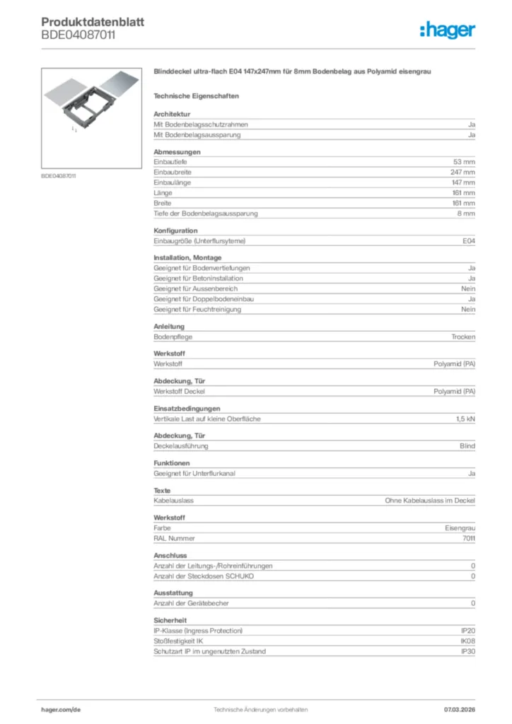 Bild Hager Produktdatenblatt BDE04087011 | Hager Deutschland