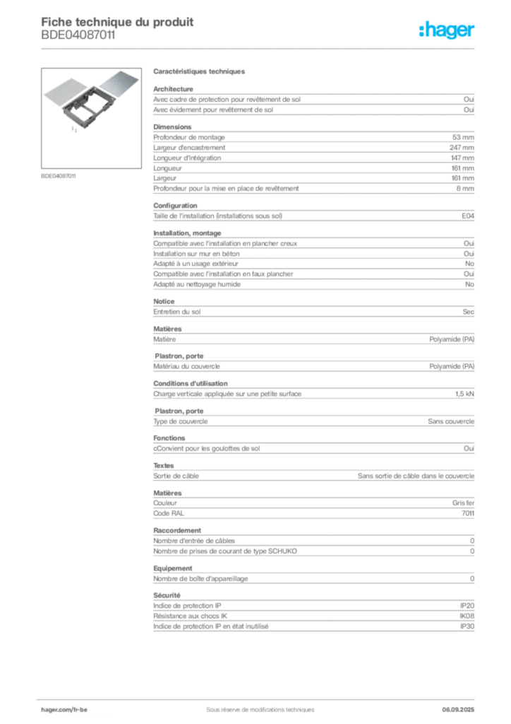 Image Hager Fiche technique du produit BDE04087011 | Hager Belgique