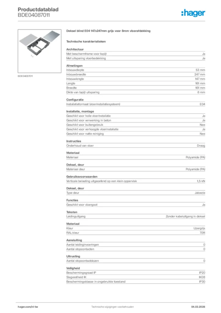 Afbeelding Hager Productdatablad BDE04087011 | Hager Belgium