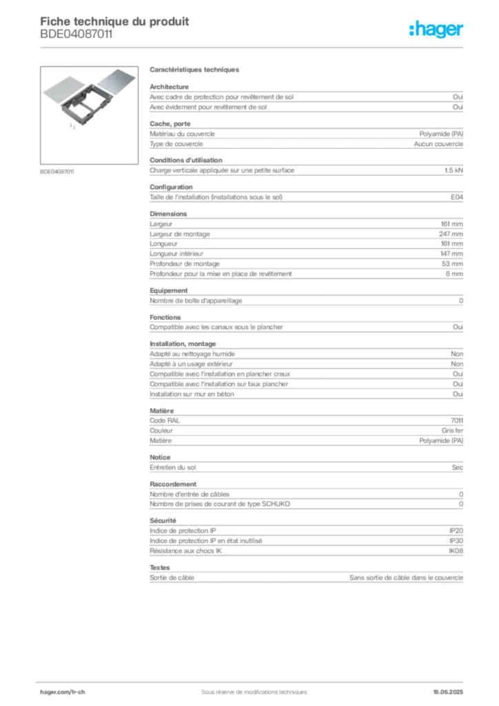 Image Hager Fiche technique du produit BDE04087011 | Hager Suisse