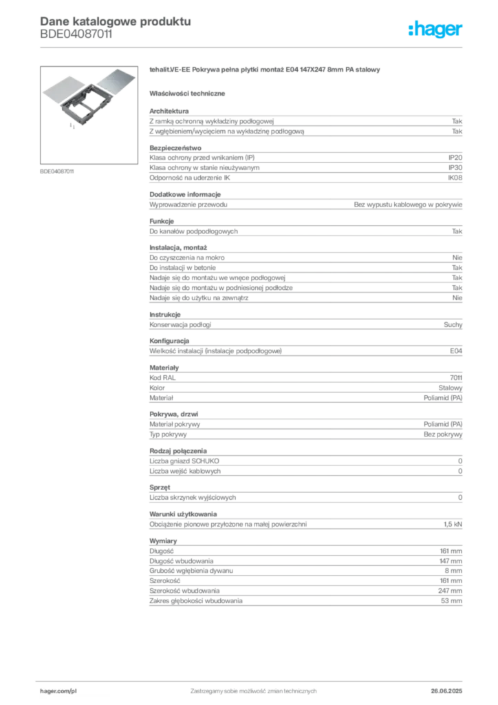 Zdjęcie Hager Dane katalogowe produktu BDE04087011 | Hager Polska