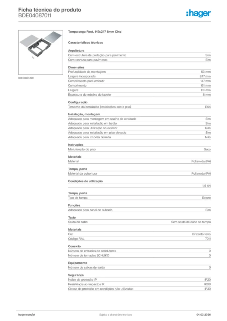 Imagem Hager Ficha técnica do produto BDE04087011 | Hager Portugal