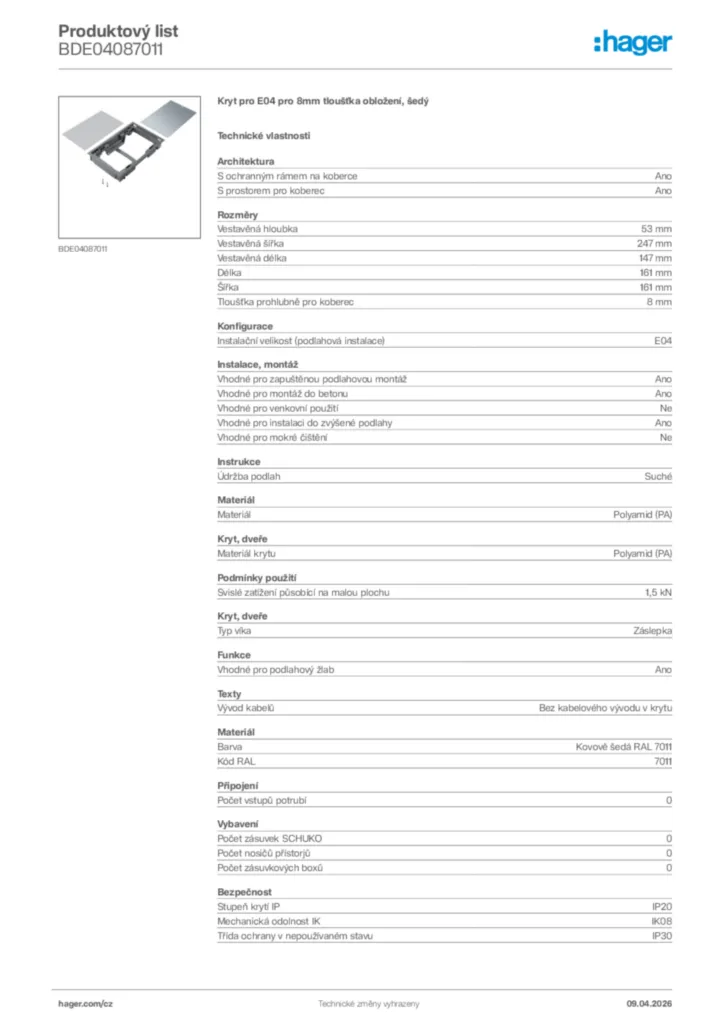 Obrázek Hager Product data sheet BDE04087011 | Hager