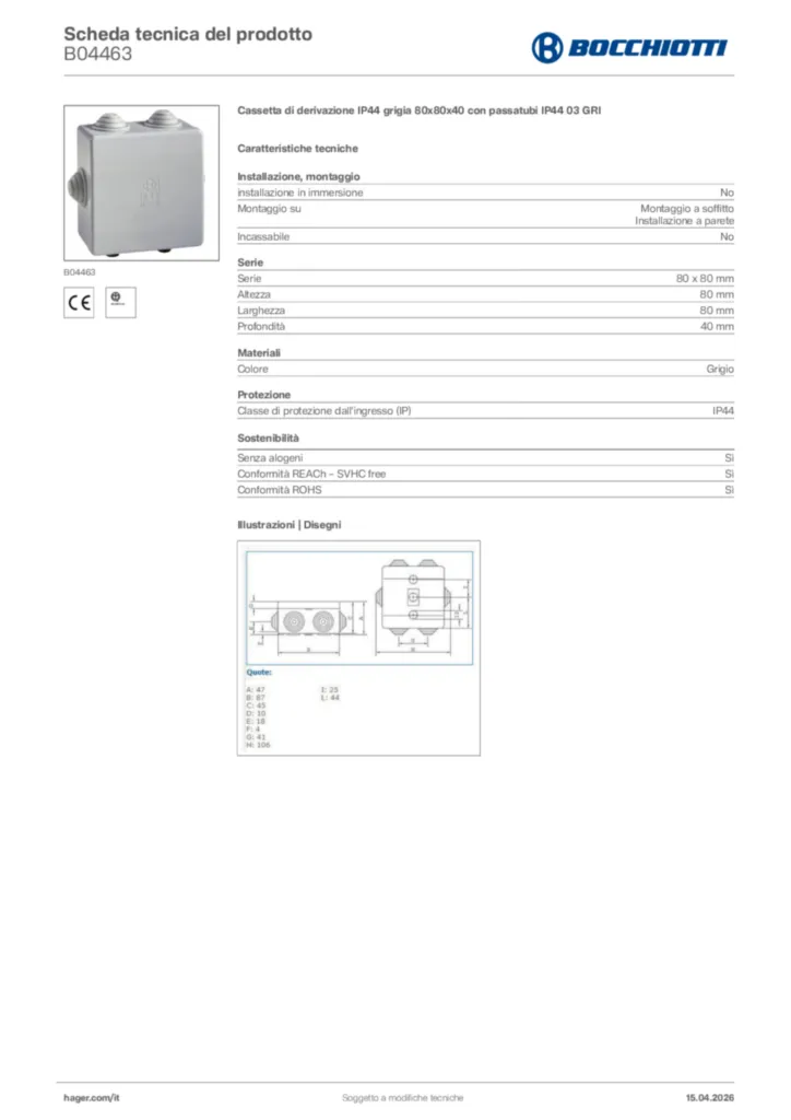 Immagine Bocchiotti Scheda tecnica del prodotto B04463 | Hager Italia