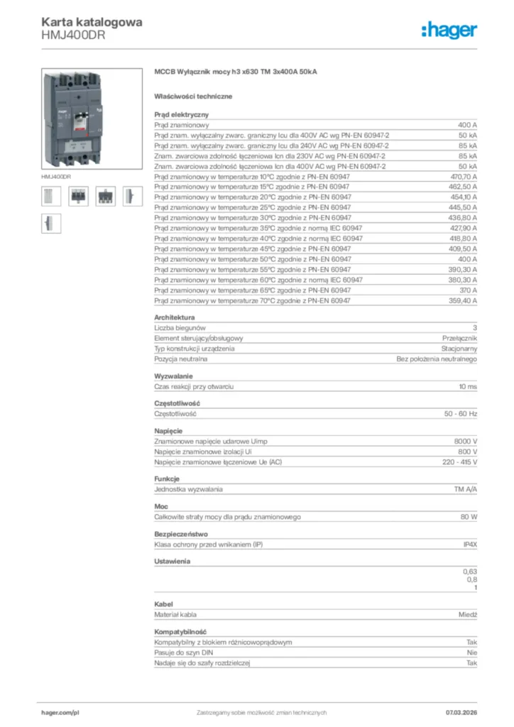 Zdjęcie Hager Karta katalogowa HMJ400DR | Hager Polska