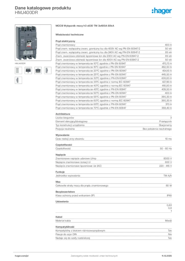 Zdjęcie Hager Dane katalogowe produktu HMJ400DR | Hager Polska