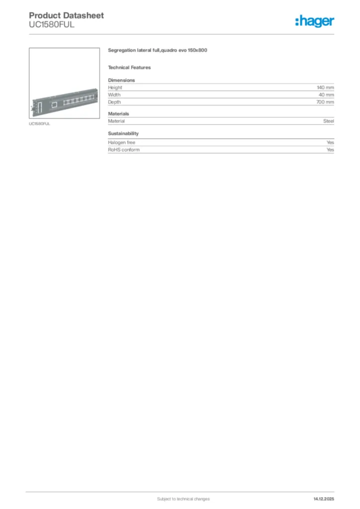 Image Hager Product data sheet UC1580FUL  | Hager Africa