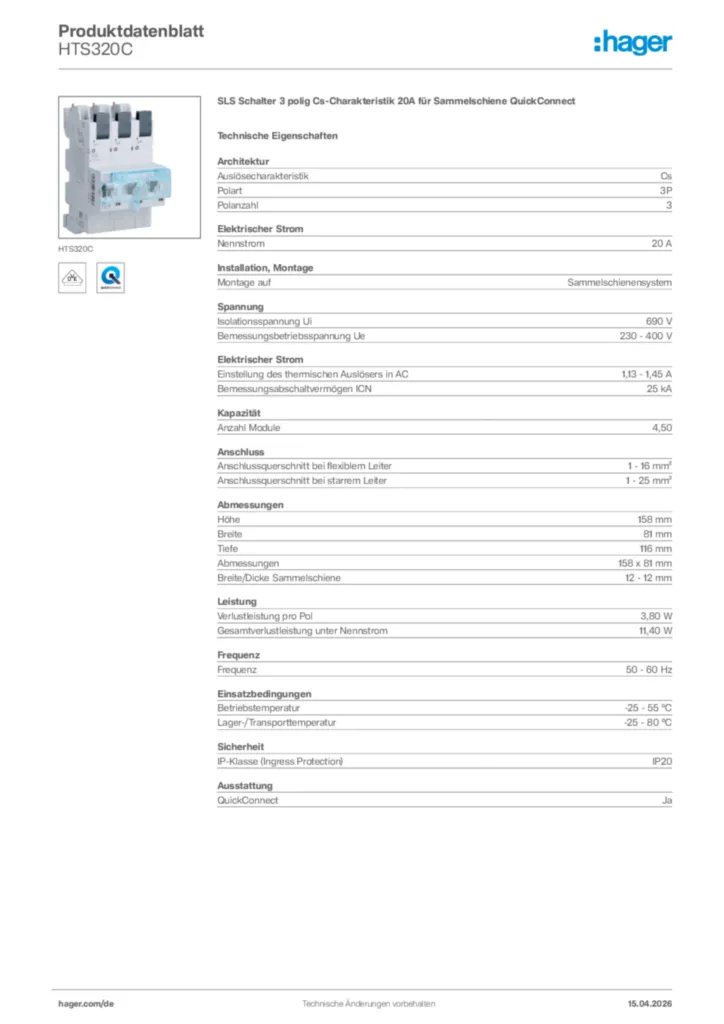 Bild Hager Produktdatenblatt HTS320C | Hager Deutschland